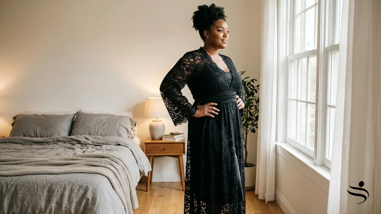 High-waisted lace robe flattering curvy figure with excellent tummy coverage