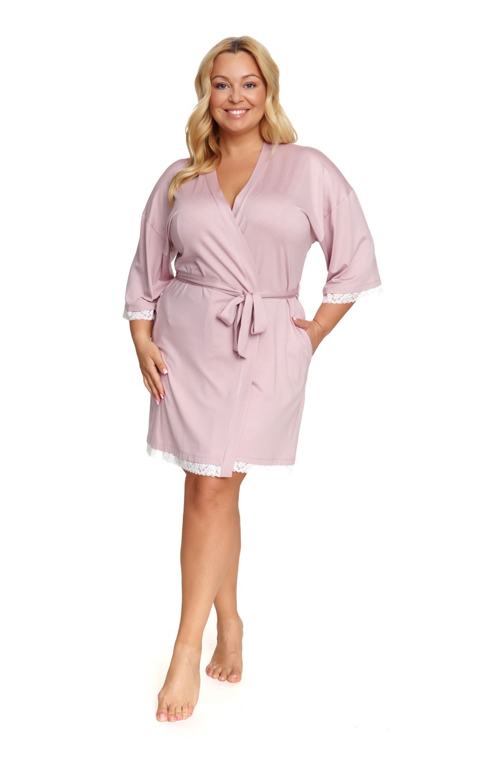Sheer pink kimono robe providing elegant layering for curvy boudoir styling